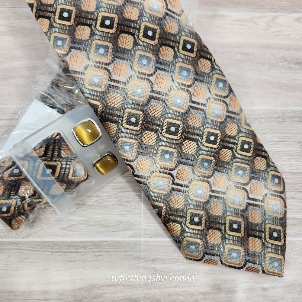 New With Tags Bergamo New York Men's Necktie & Cufflinks Geometric Tie 56"x3½"